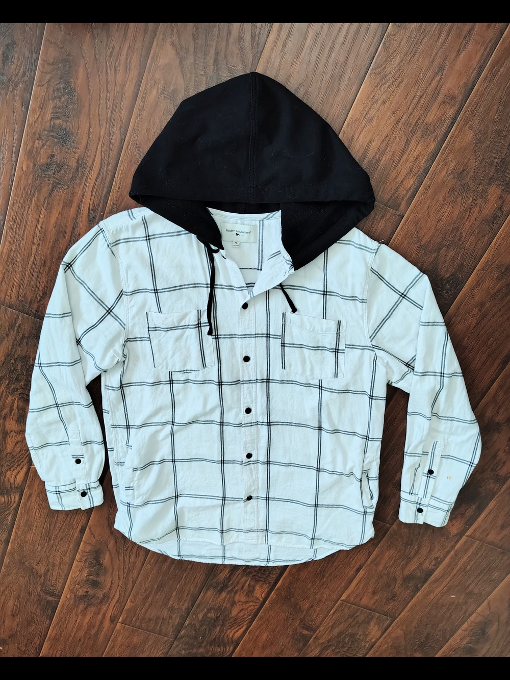 Modern Amusement White and Black Plaid Hooded Button-Down Shirt